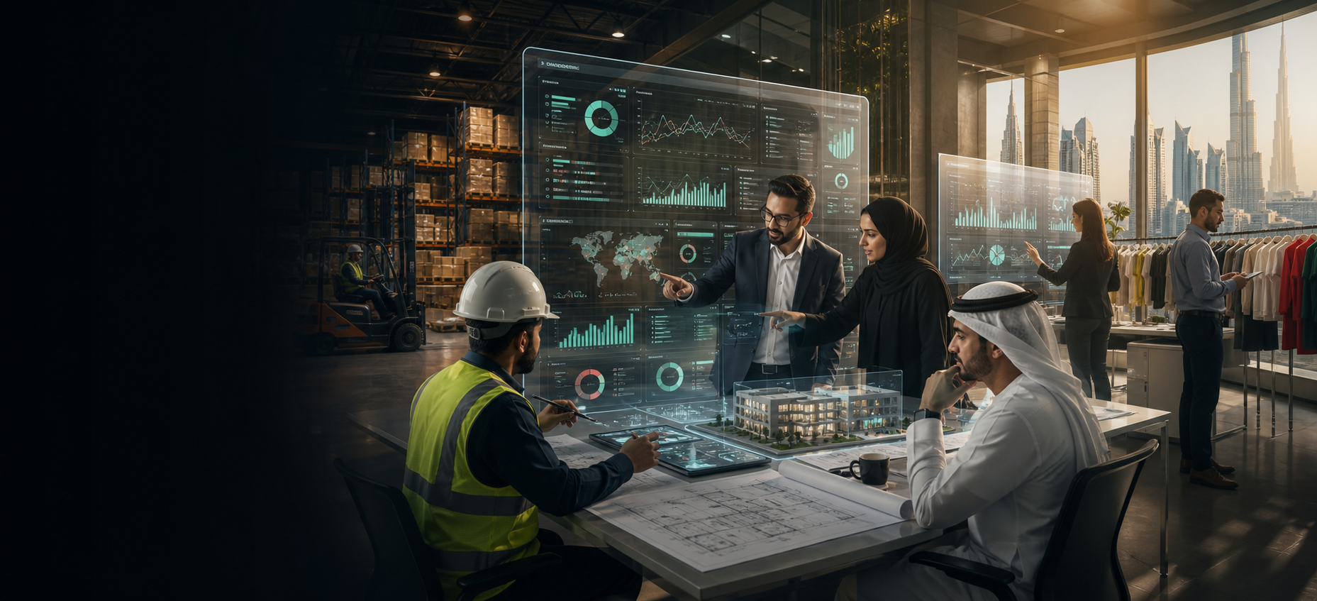 UAE operators reviewing AI systems across warehouse, construction, retail, and office workflows